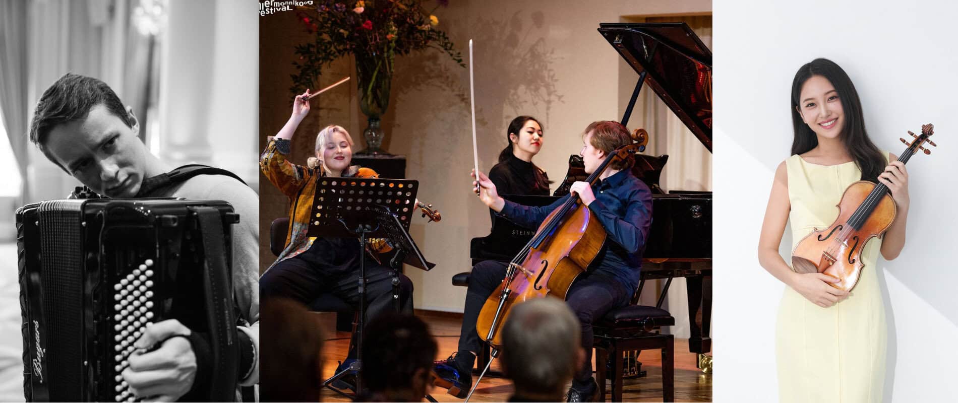 An accordinist photo in black and white, a string trio with bows in the air, a violinist against a grey background