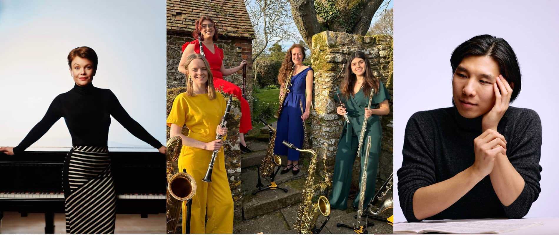 A woman leans against a piano, 4 musicians dressed in bright colours surrounded by wind instruments against a stone wall, a man leans on a piano