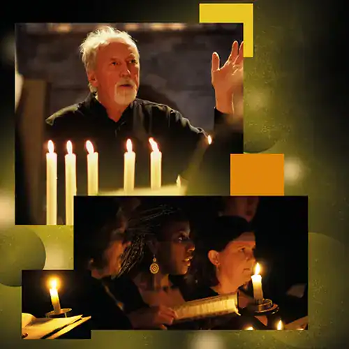 Conductor and choristers by candlelight.