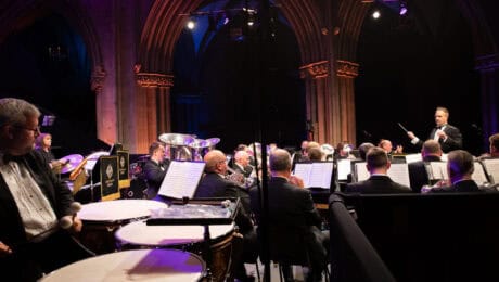 Grimethorpe Colliery Band plays with local school chiildren at Lichfield Festival
