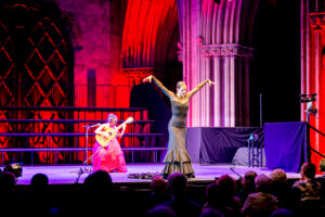 A flamenco dancer in an orange dress mid-action next to a seated classical guitarist
