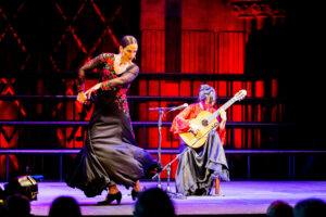 A flamenco dancer in an orange dress mid-action next to a seated classical guitarist